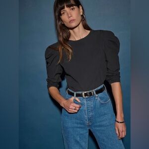 Nation Ltd Eloise Puff Sleeve Button Back Pima Cotton Top Black Size Small NEW